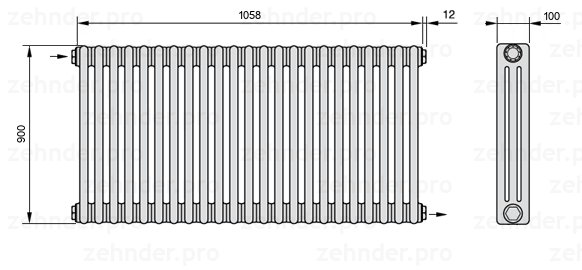 Схема (чертеж) Радиатор Zehnder Charleston 3090/23 №1670 Белый глянцевый RAL 9016